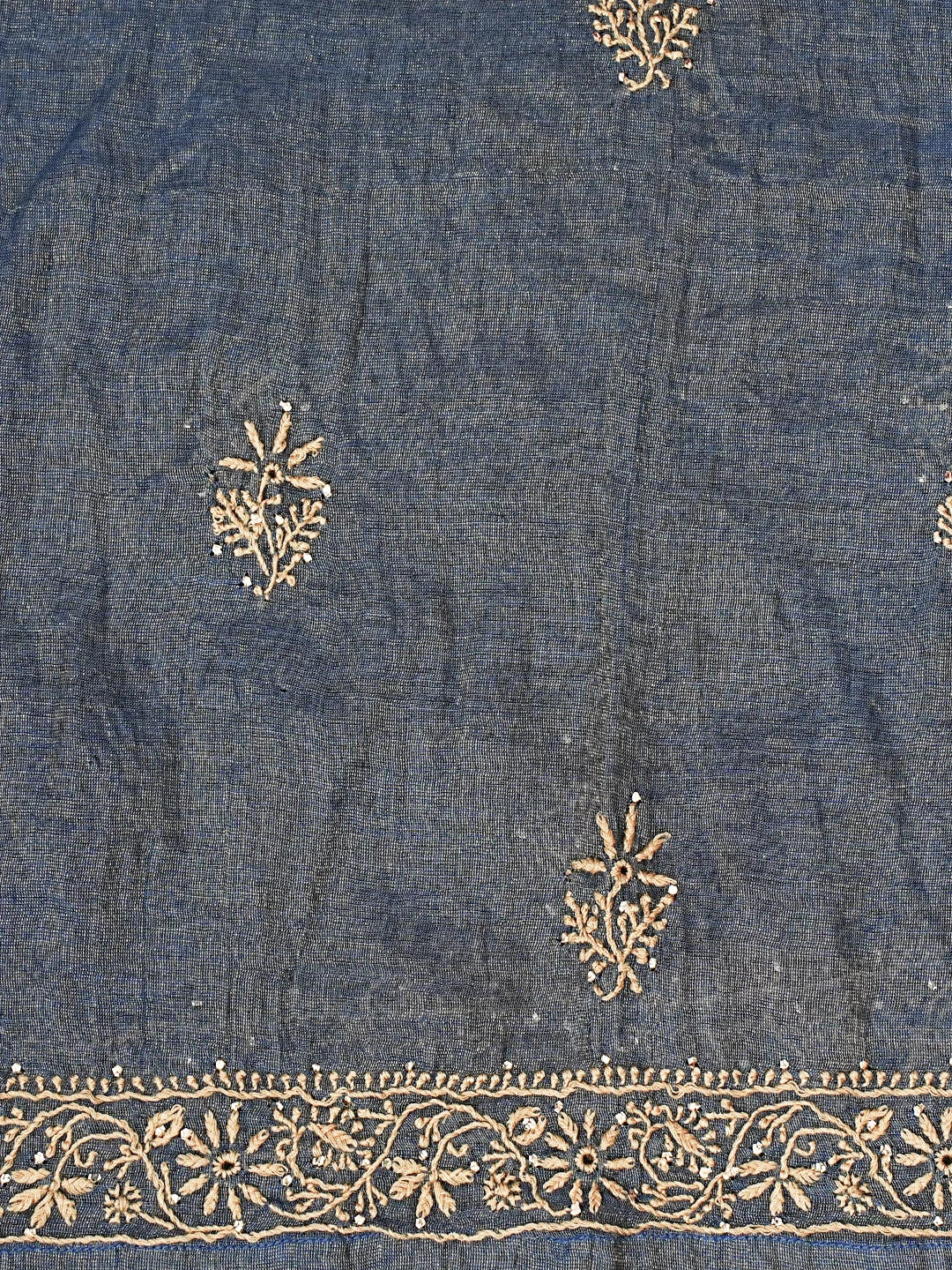 Ada Hand Embroidered Payne's Gray Tissue Lucknowi Chikankari Semi-stitched Kurta Dupatta Set With Muqaish Work 01A520442
