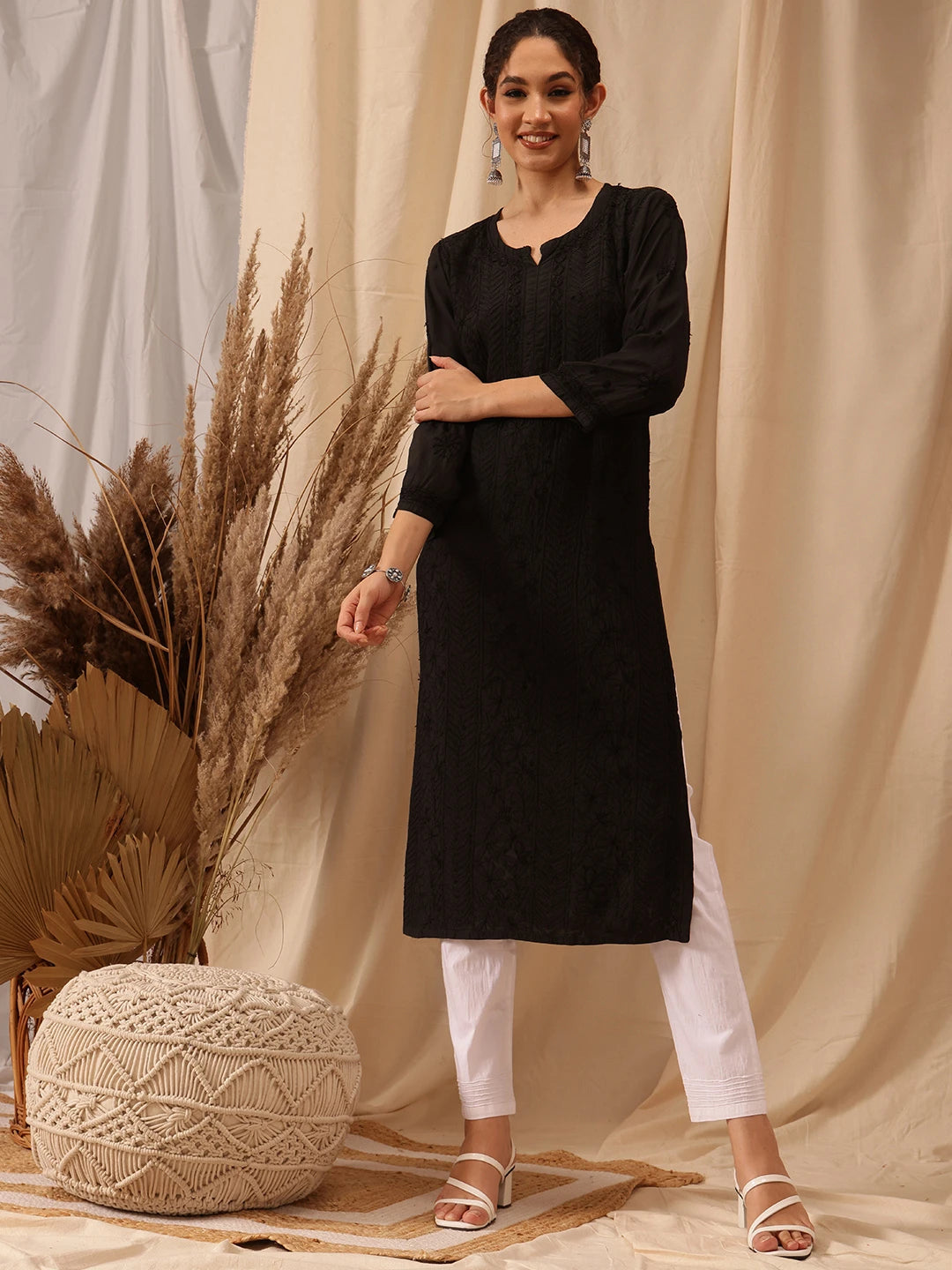 Ada Hand Embroidered Black Muslin Lucknowi Chikankari straight Kurta A411657