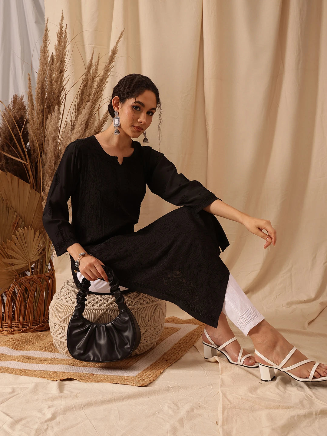 Ada Hand Embroidered Black Muslin Lucknowi Chikankari straight Kurta A411657