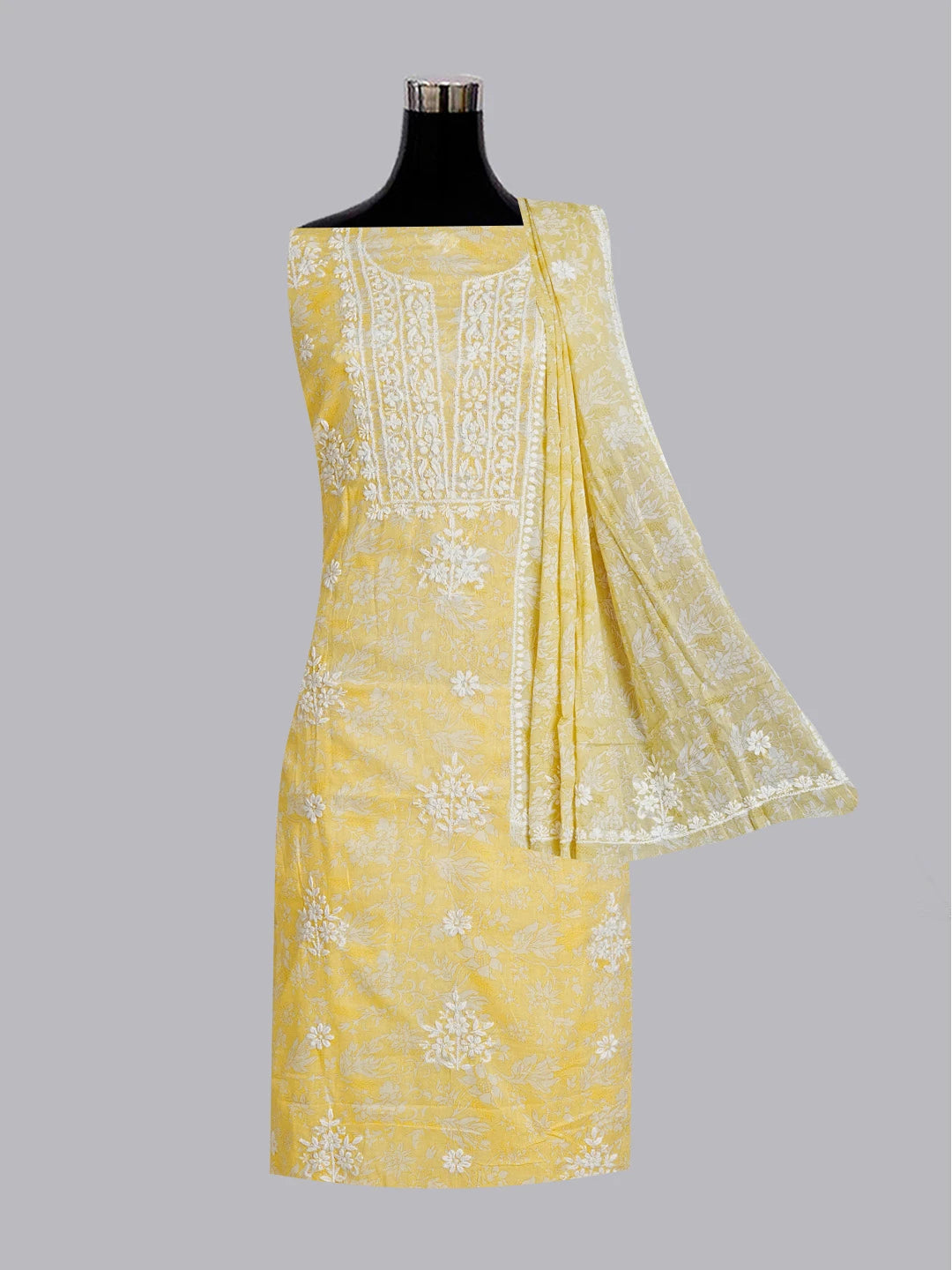 Ada Hand Embroidered Yellow Floral Printed Cotton Chikankari Unstitched Kurta Dupatta Set 01A603452
