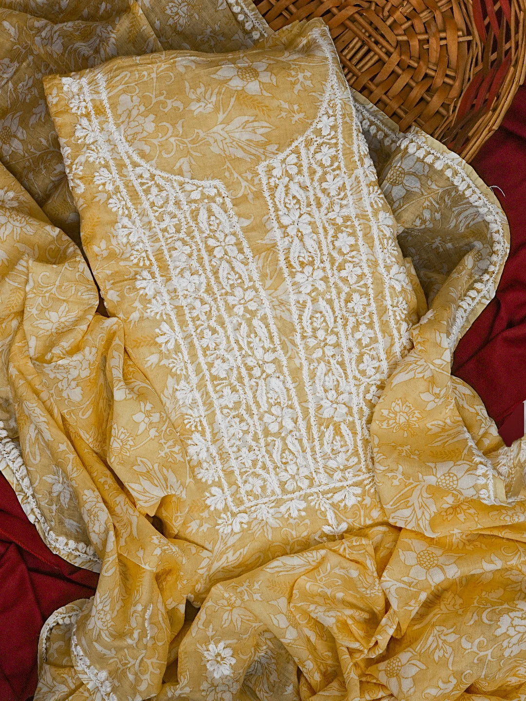 Ada Hand Embroidered Yellow Floral Printed Cotton Chikankari Unstitched Kurta Dupatta Set 01A603452