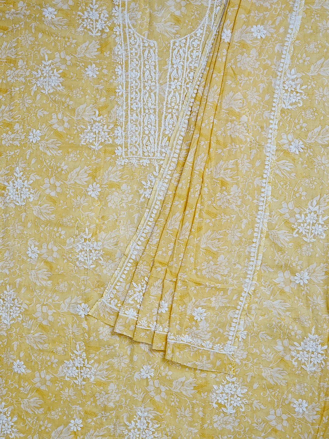 Ada Hand Embroidered Yellow Floral Printed Cotton Chikankari Unstitched Kurta Dupatta Set 01A603452