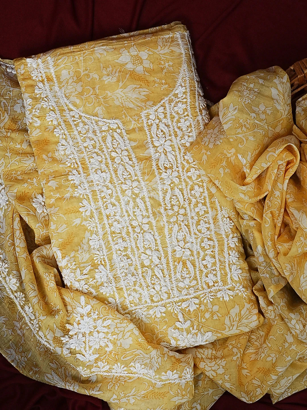 Ada Hand Embroidered Yellow Floral Printed Cotton Chikankari Unstitched Kurta Dupatta Set 01A603452