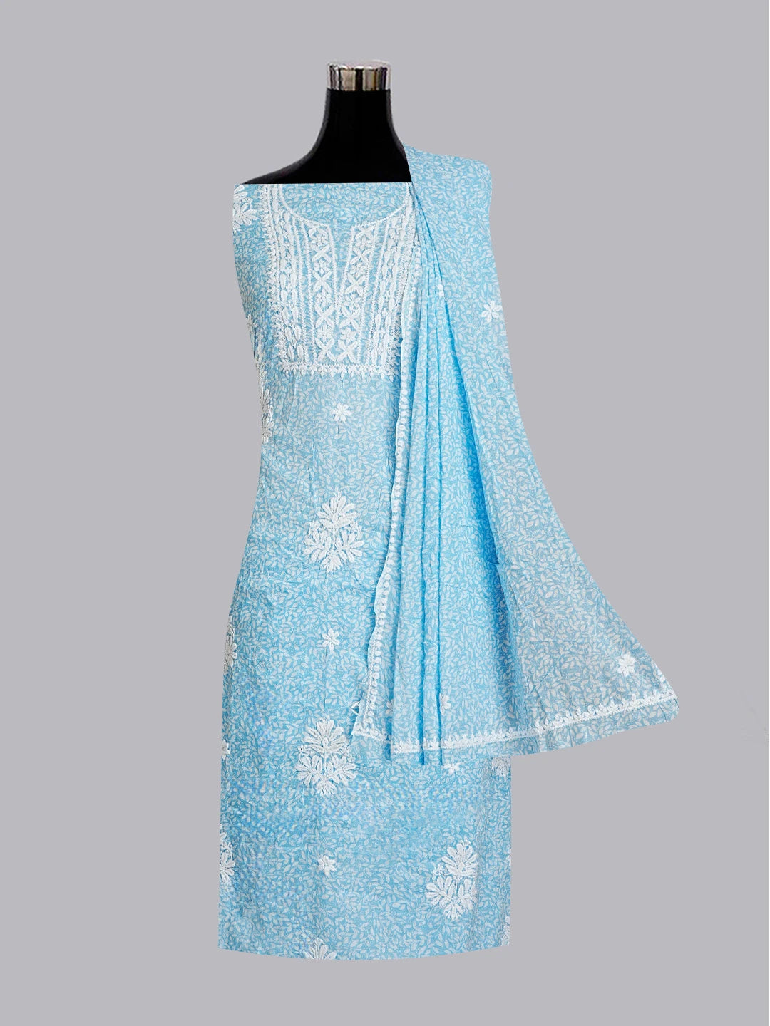 Ada Hand Embroidered Sky Blue Printed Cotton Chikankari Unstitched Kurta Dupatta Set 01A603457