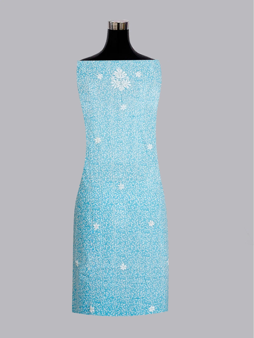 Ada Hand Embroidered Sky Blue Printed Cotton Chikankari Unstitched Kurta Dupatta Set 01A603457