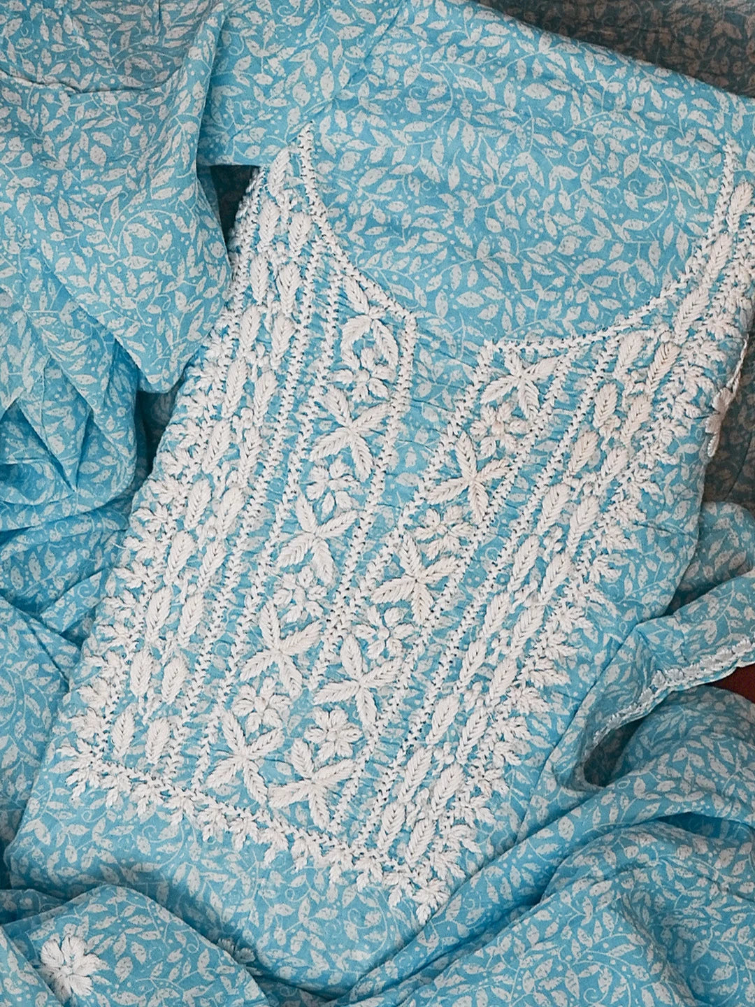 Ada Hand Embroidered Sky Blue Printed Cotton Chikankari Unstitched Kurta Dupatta Set 01A603457