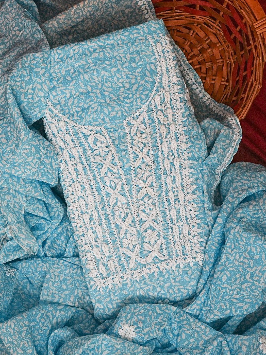 Ada Hand Embroidered Sky Blue Printed Cotton Chikankari Unstitched Kurta Dupatta Set 01A603457