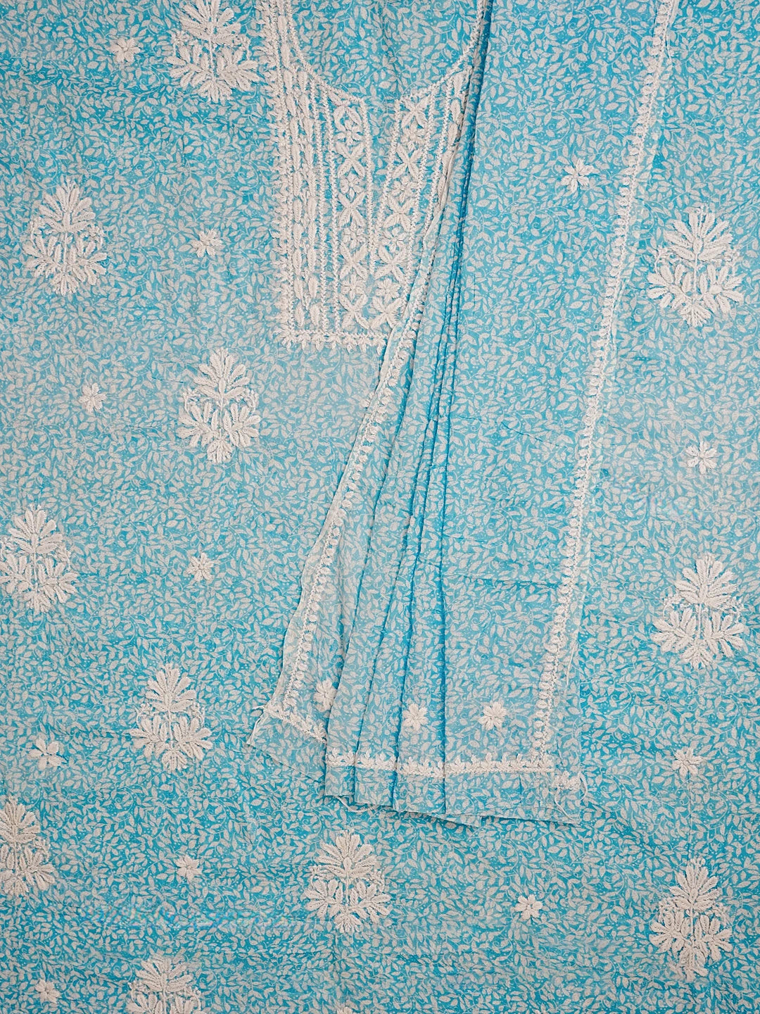 Ada Hand Embroidered Sky Blue Printed Cotton Chikankari Unstitched Kurta Dupatta Set 01A603457