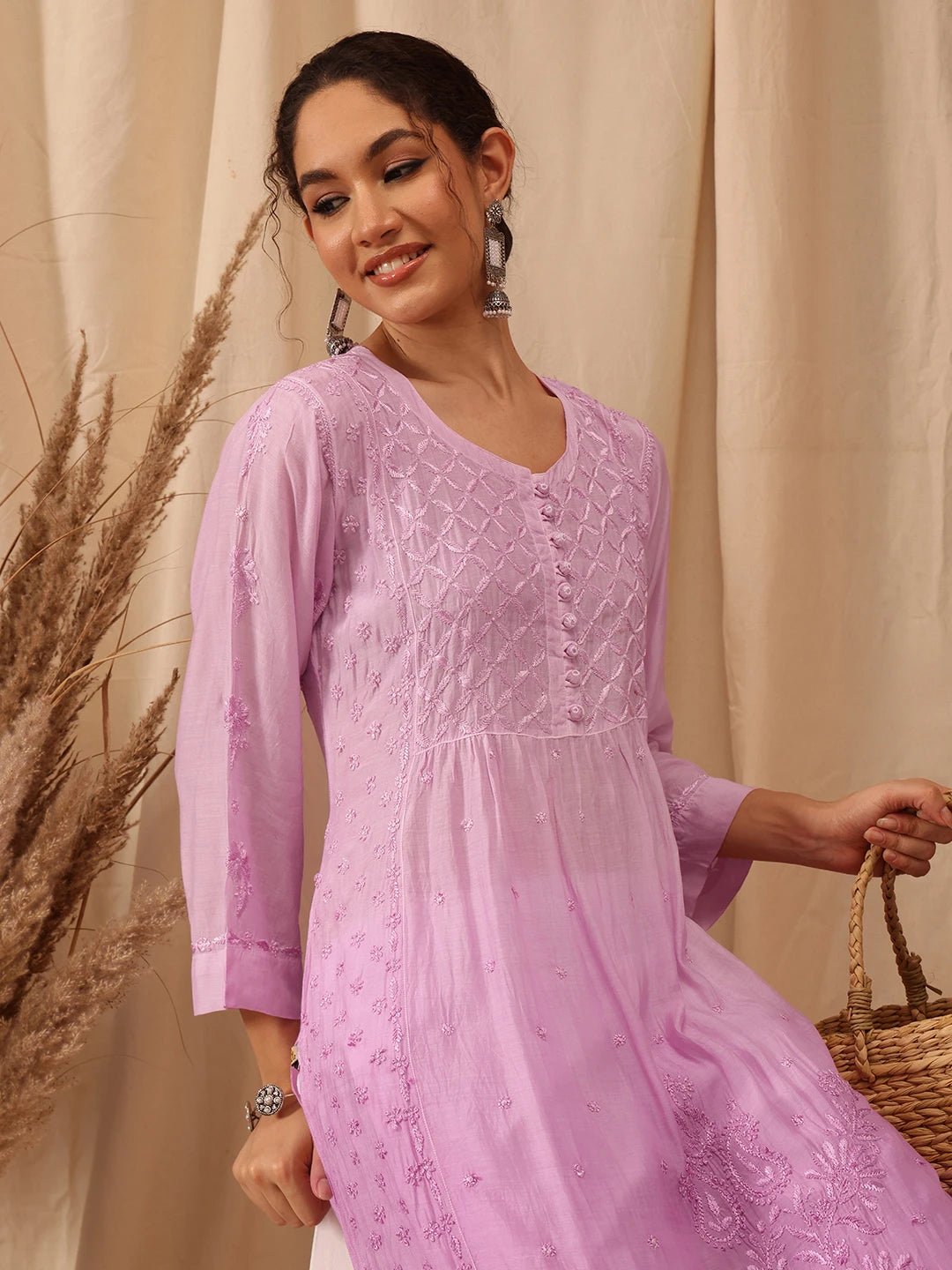 Ada Hand Embroidered Mauve Muslin Lucknowi Chikankari Kurta A411648