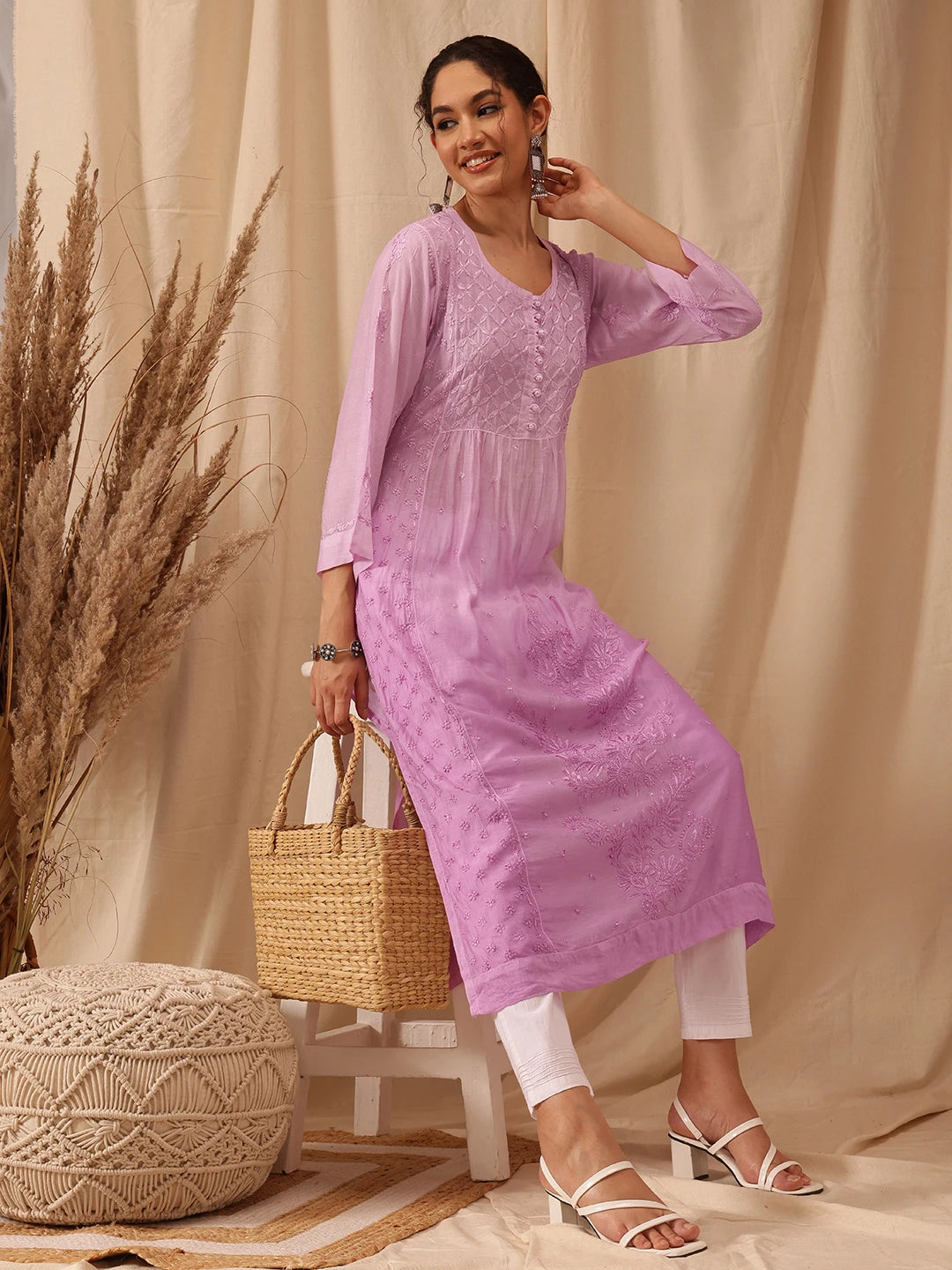 Ada Hand Embroidered Mauve Muslin Lucknowi Chikankari Kurta A411648