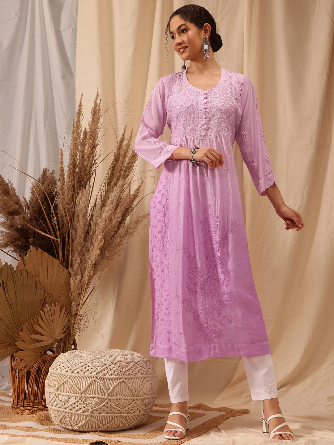 Ada Hand Embroidered Mauve Muslin Lucknowi Chikankari Kurta A411648