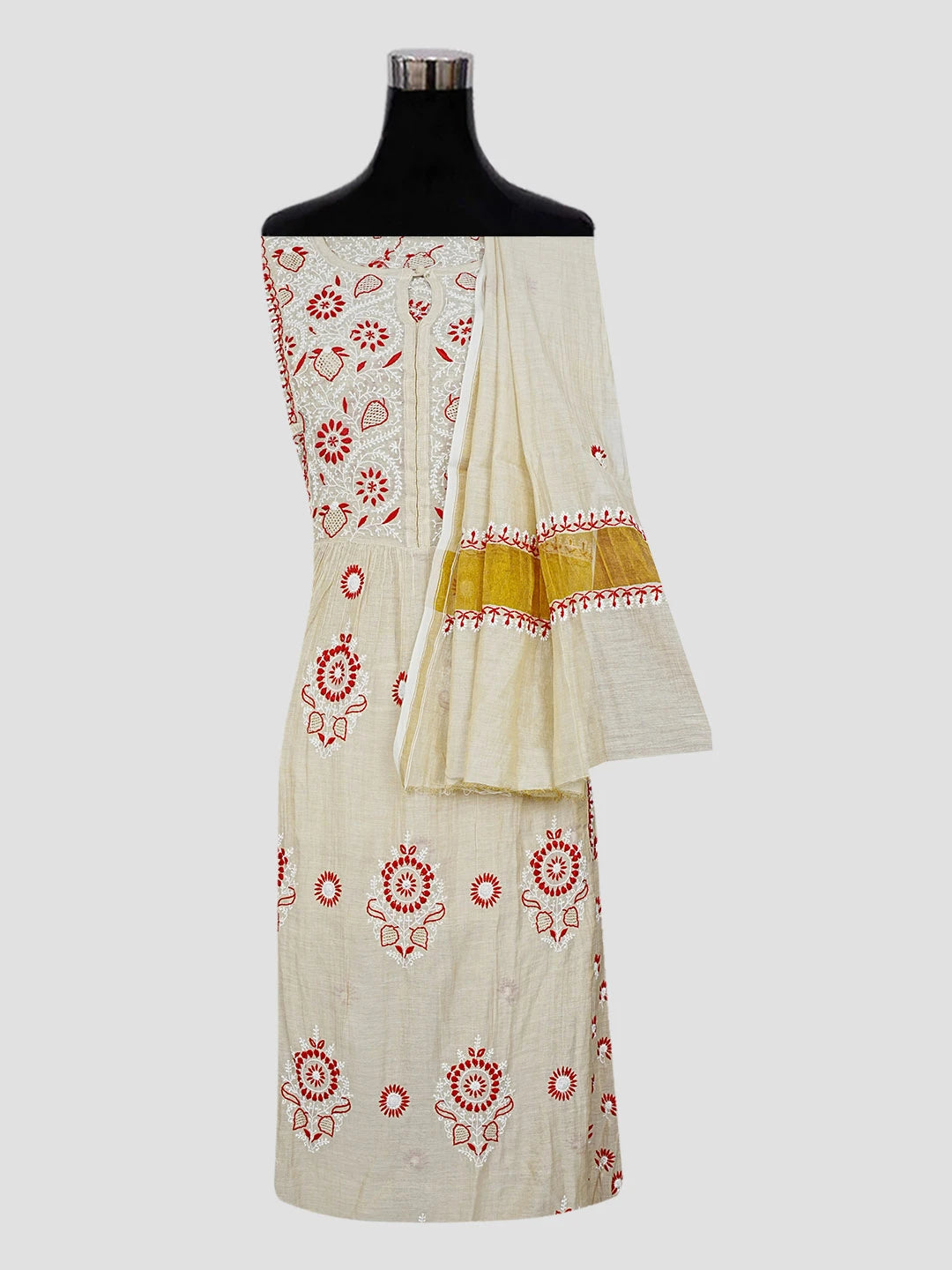 Ada Hand Embroidered Almond Brown Tissue Lucknowi Chikankari Semi-stitched Kurta Dupatta Set 01A564057
