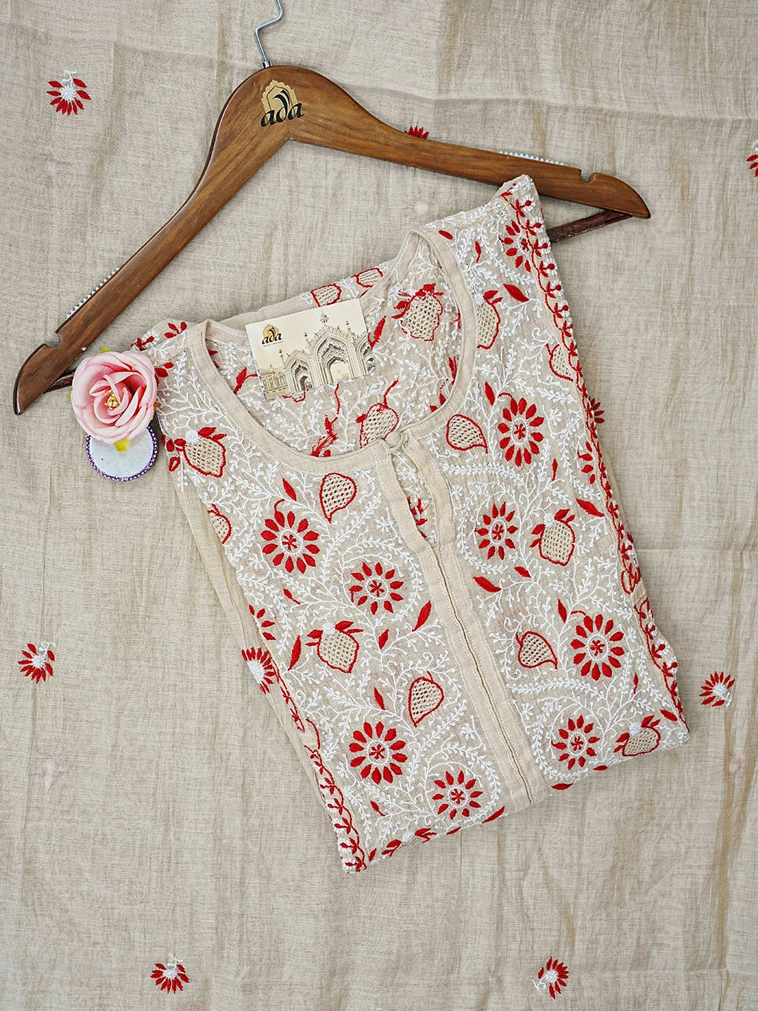 Ada Hand Embroidered Almond Brown Tissue Lucknowi Chikankari Semi-stitched Kurta Dupatta Set 01A564057