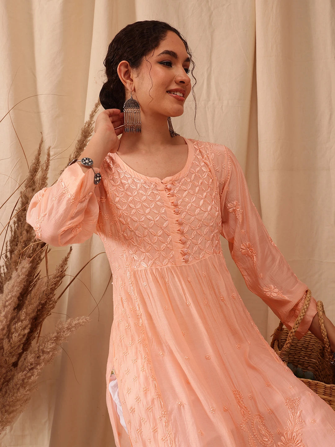 Ada Hand Embroidered Peach Muslin Lucknowi Chikankari Kurta A411649