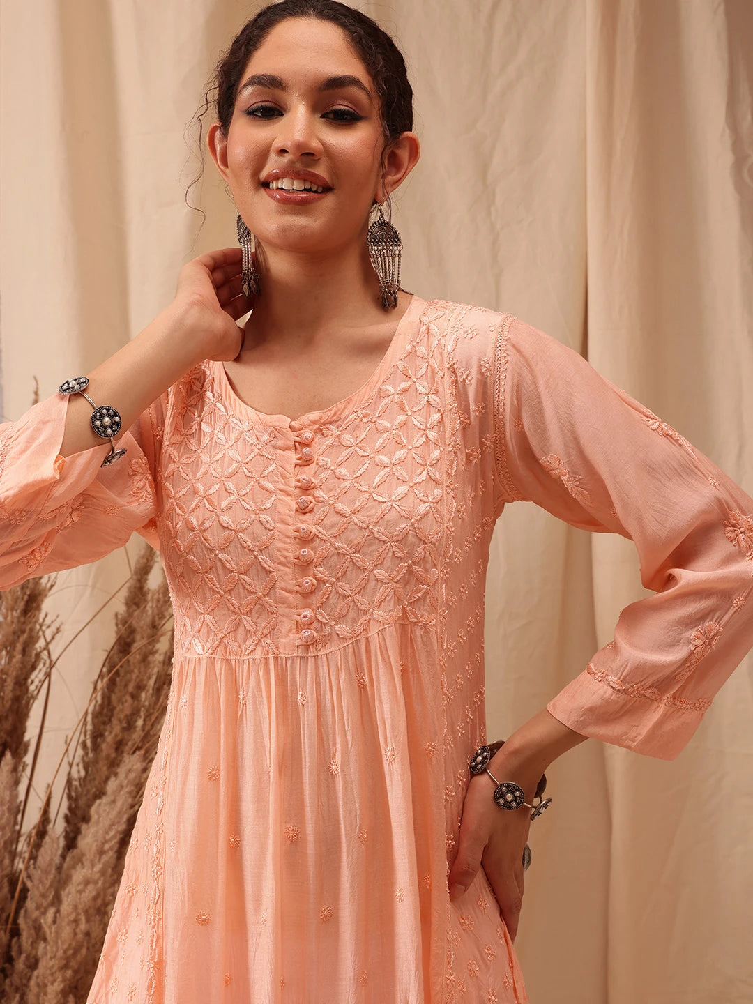 Ada Hand Embroidered Peach Muslin Lucknowi Chikankari Kurta A411649