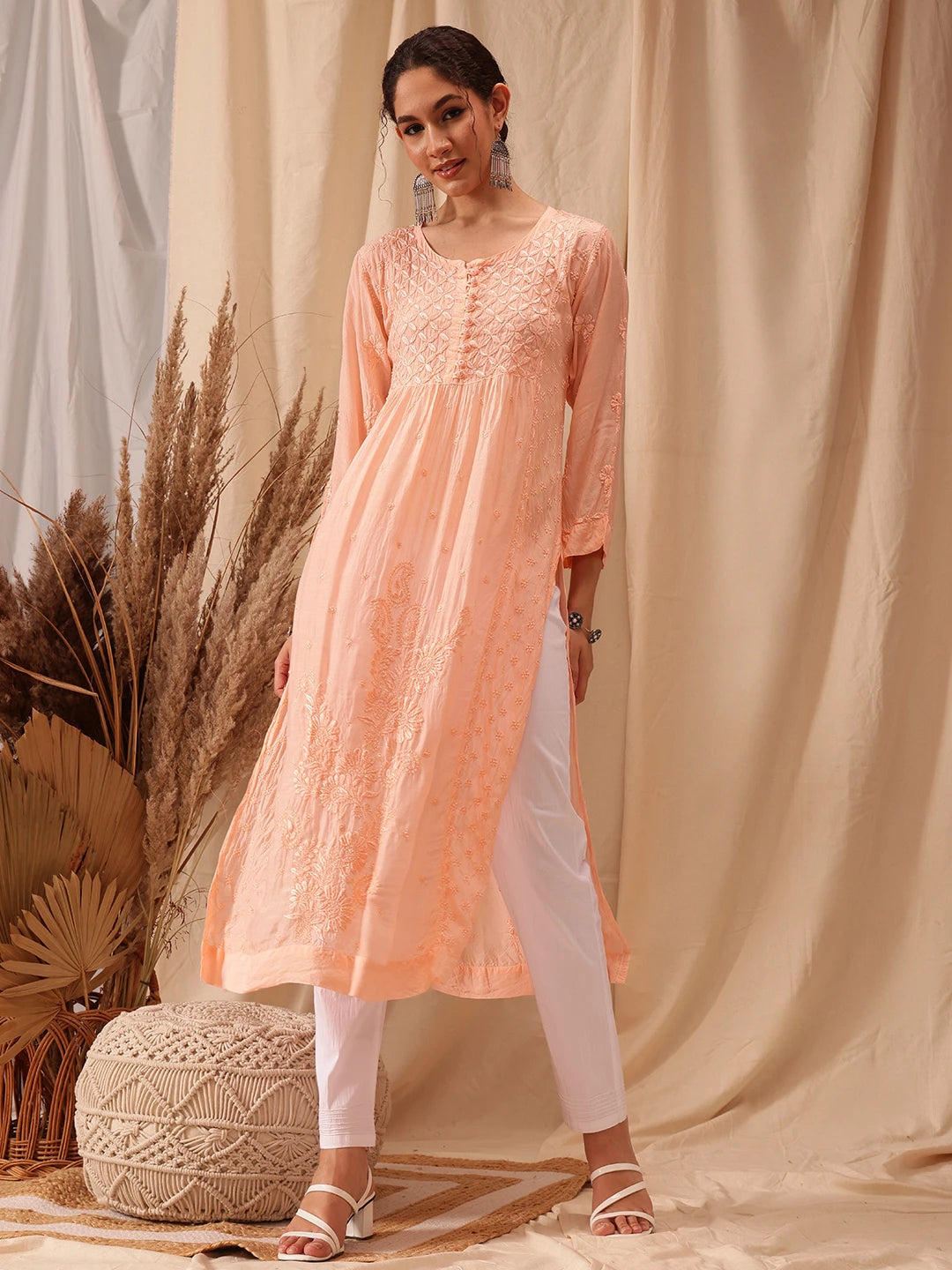 Ada Hand Embroidered Peach Muslin Lucknowi Chikankari Kurta A411649