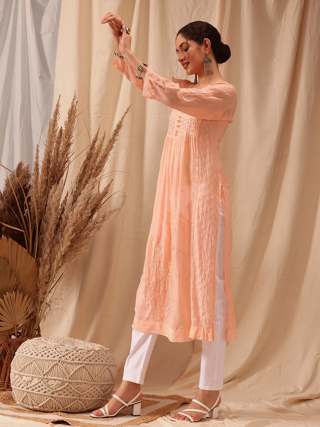 Ada Hand Embroidered Peach Muslin Lucknowi Chikankari Kurta A411649