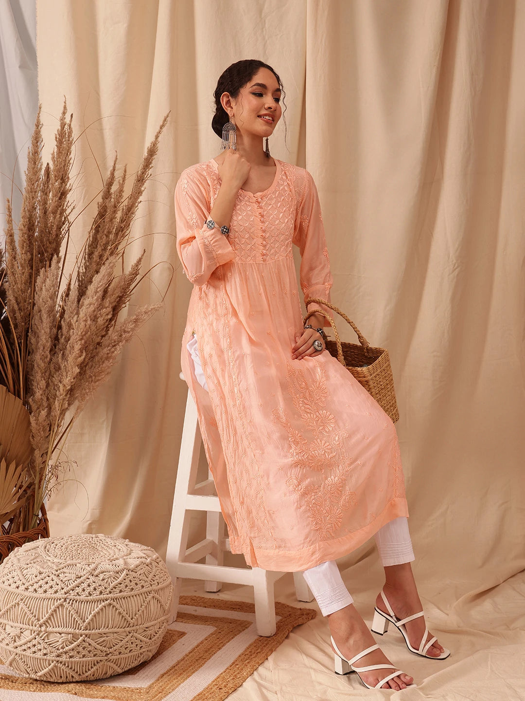 Ada Hand Embroidered Peach Muslin Lucknowi Chikankari Kurta A411649