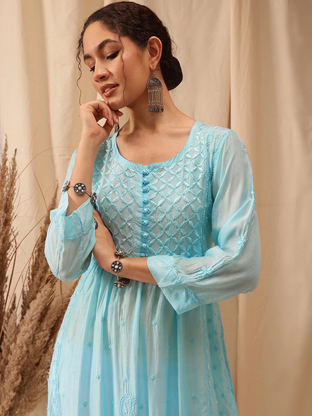 Ada Hand Embroidered Blue Muslin Lucknowi Chikankari Kurta A411650