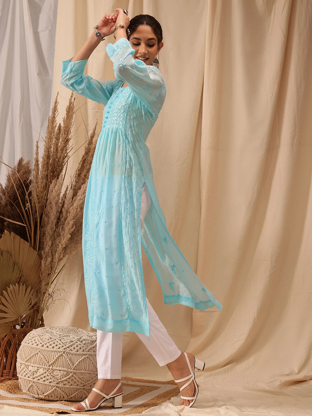 Ada Hand Embroidered Blue Muslin Lucknowi Chikankari Kurta A411650