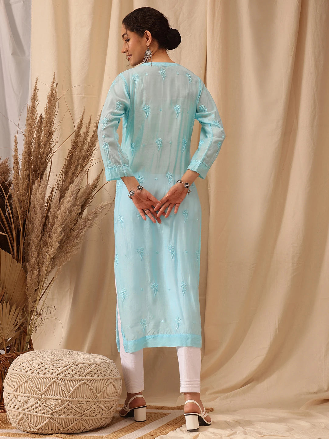 Ada Hand Embroidered Blue Muslin Lucknowi Chikankari Kurta A411650