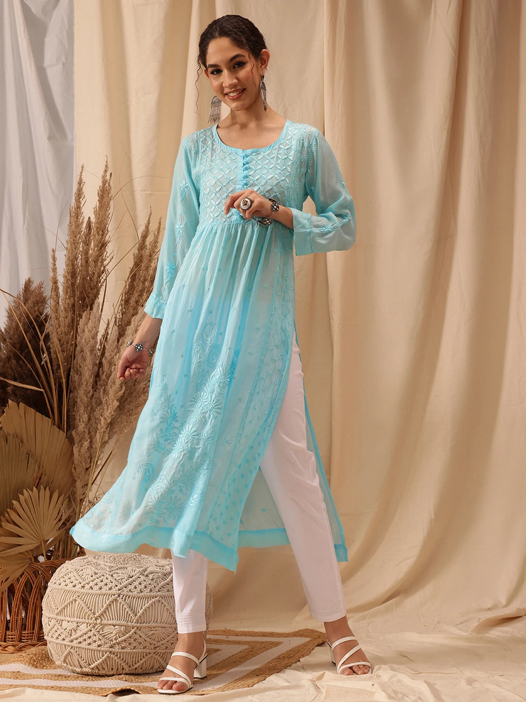Ada Hand Embroidered Blue Muslin Lucknowi Chikankari Kurta A411650