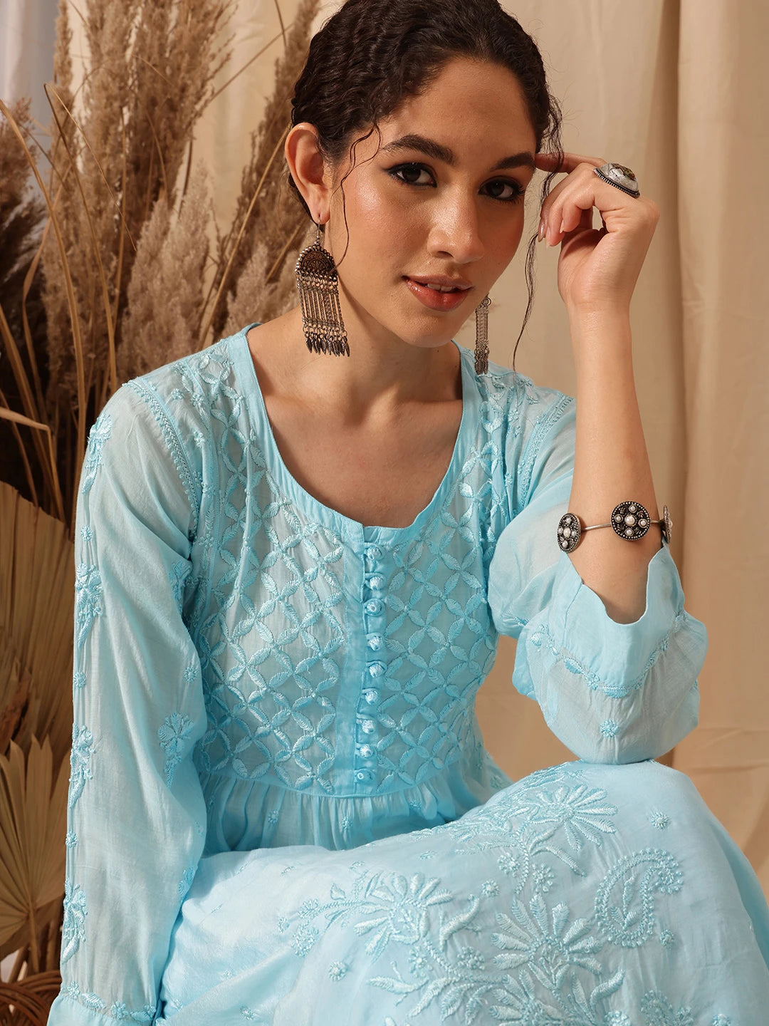 Ada Hand Embroidered Blue Muslin Lucknowi Chikankari Kurta A411650
