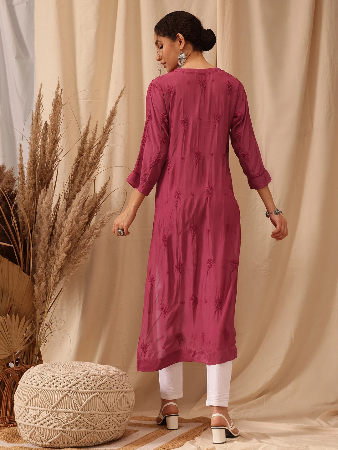 Ada Hand Embroidered Wine Muslin Lucknowi Chikankari Kurta A411651