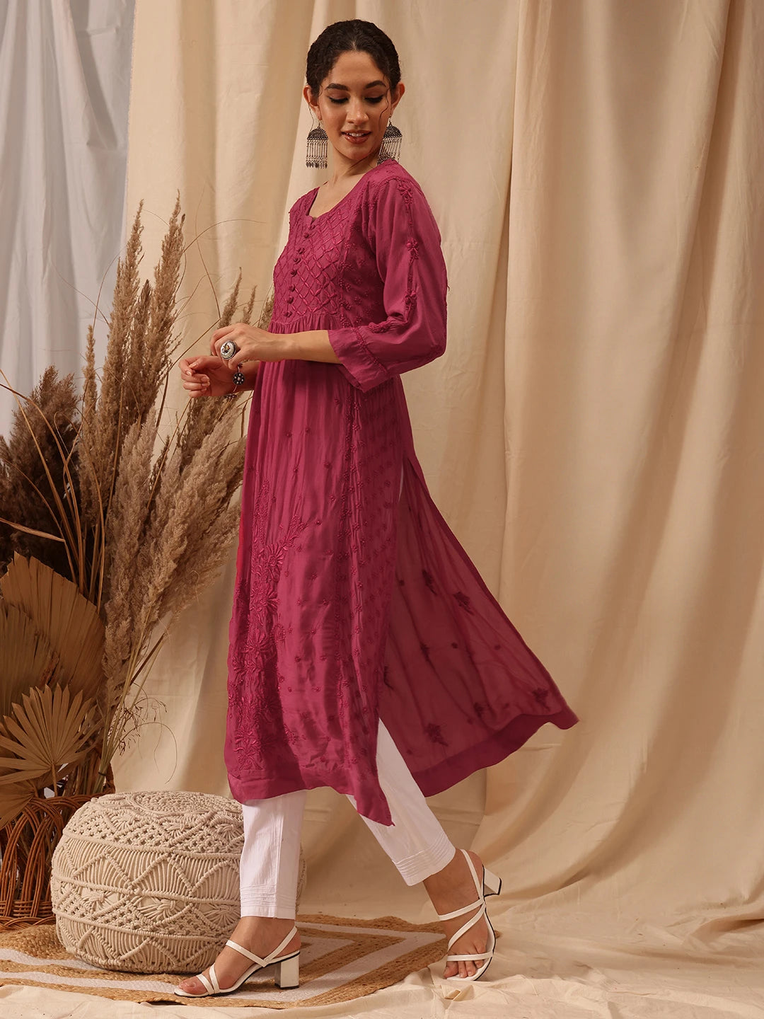 Ada Hand Embroidered Wine Muslin Lucknowi Chikankari Kurta A411651