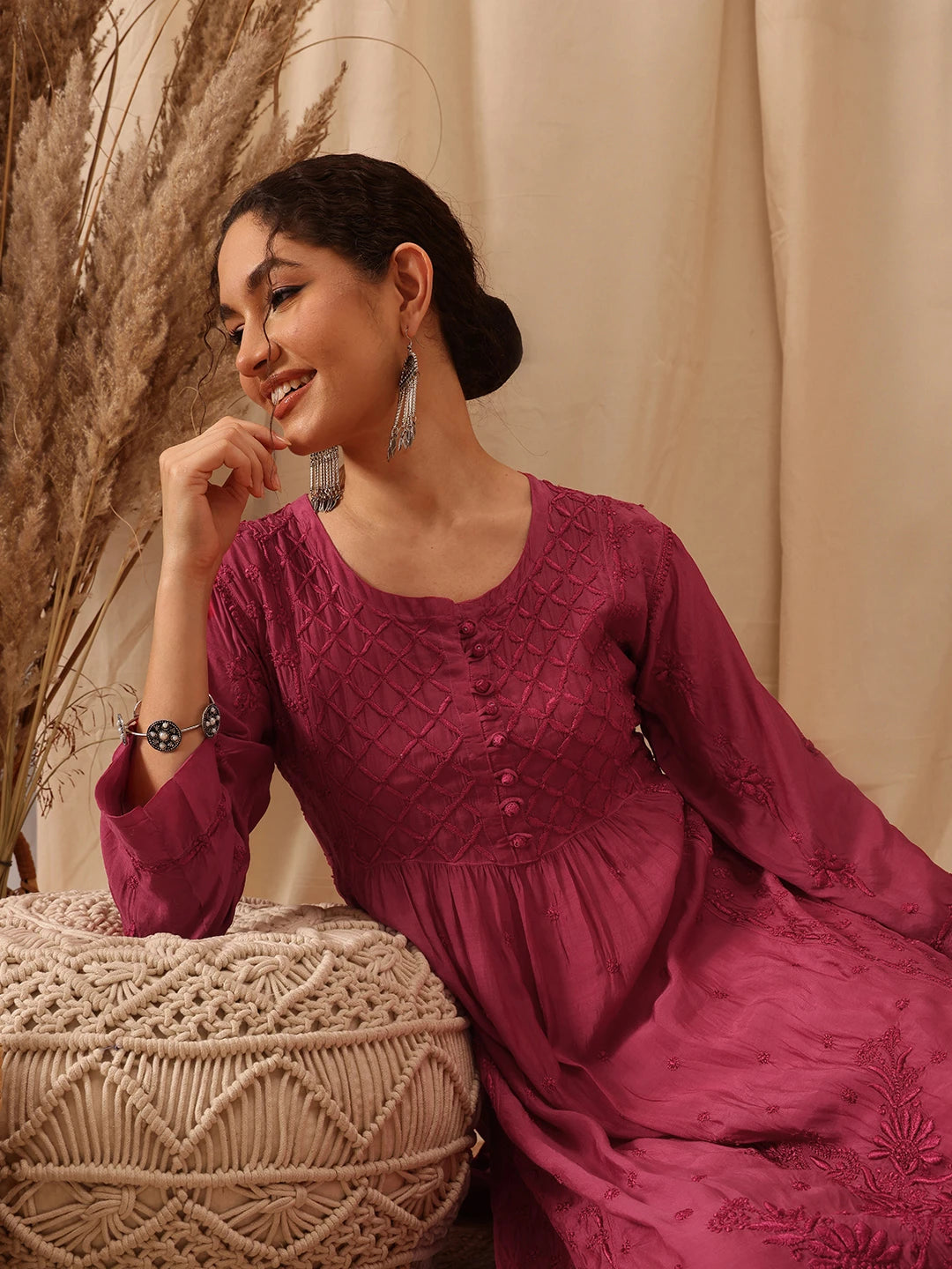 Ada Hand Embroidered Wine Muslin Lucknowi Chikankari Kurta A411651