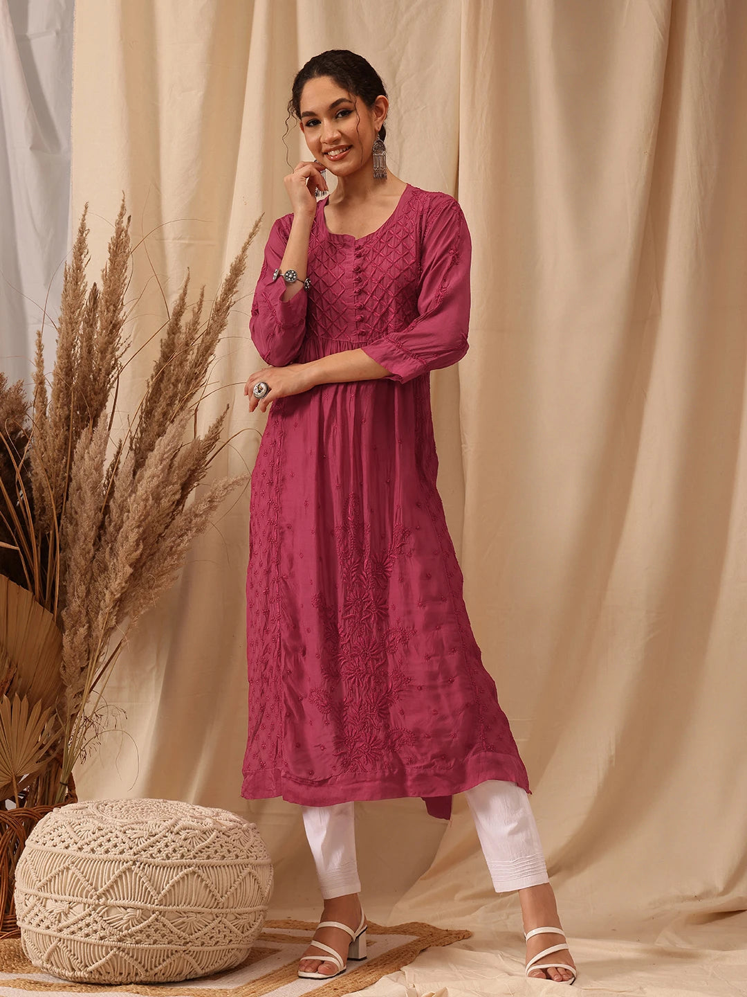 Ada Hand Embroidered Wine Muslin Lucknowi Chikankari Kurta A411651
