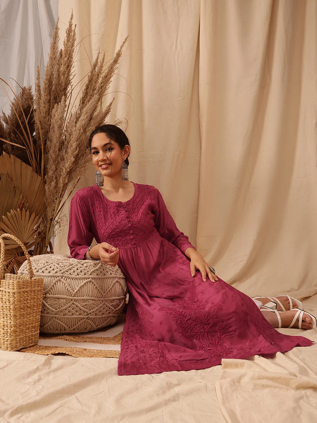 Ada Hand Embroidered Wine Muslin Lucknowi Chikankari Kurta A411651