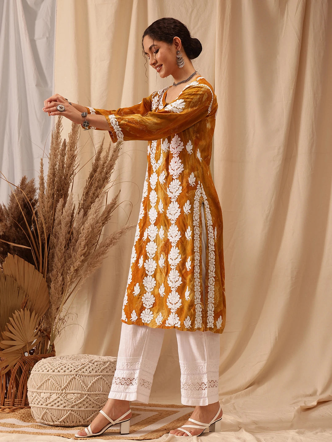 Ada Hand Embroidered Mustard Rayon Lucknowi Chikankari Straight Kurta A411661