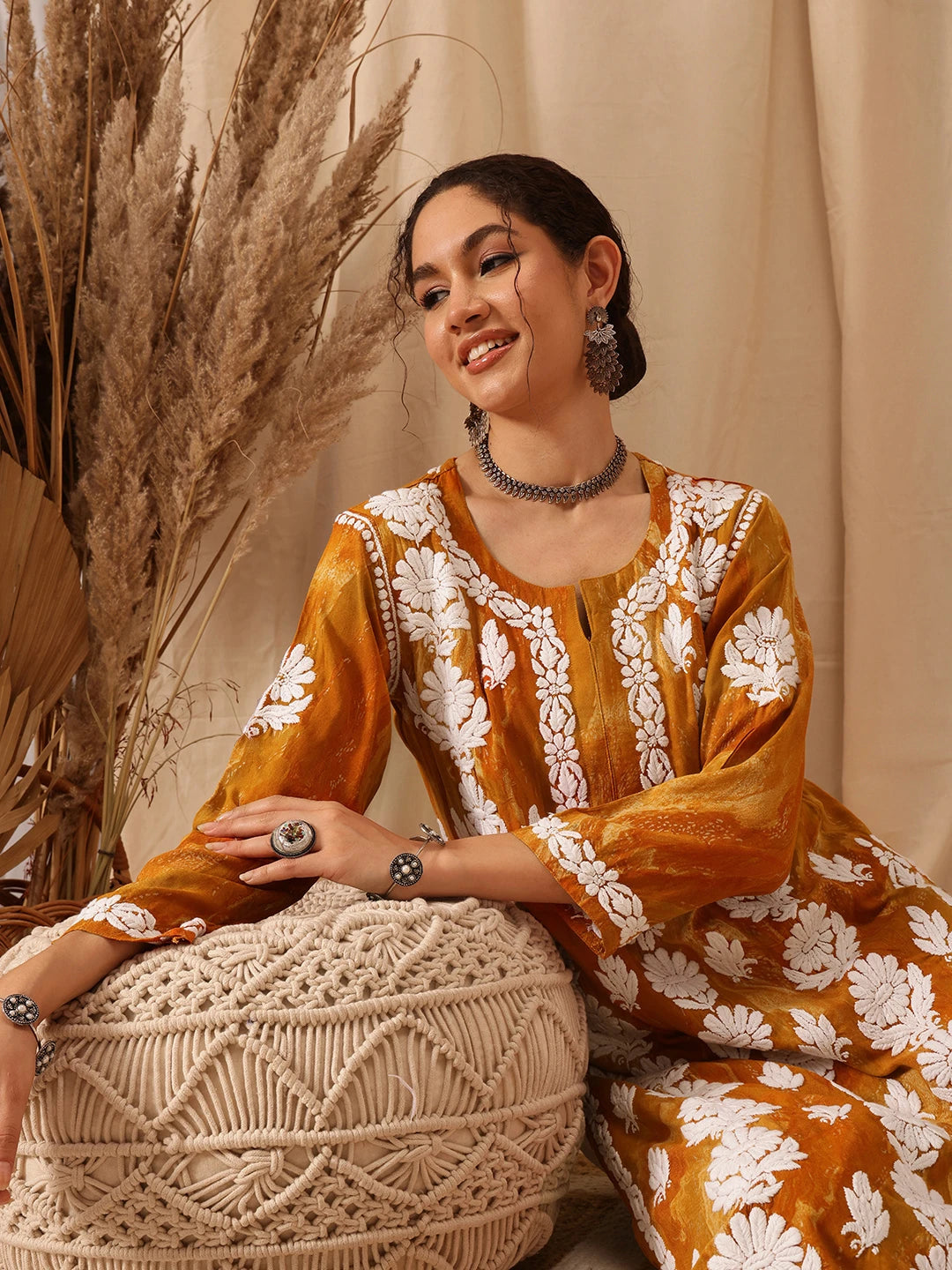 Ada Hand Embroidered Mustard Rayon Lucknowi Chikankari Straight Kurta A411661