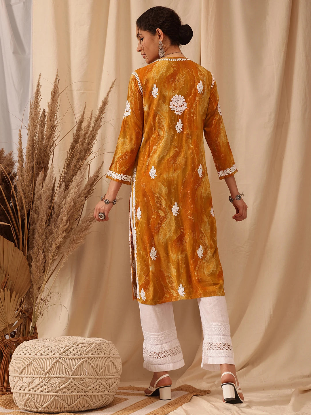 Ada Hand Embroidered Mustard Rayon Lucknowi Chikankari Straight Kurta A411661