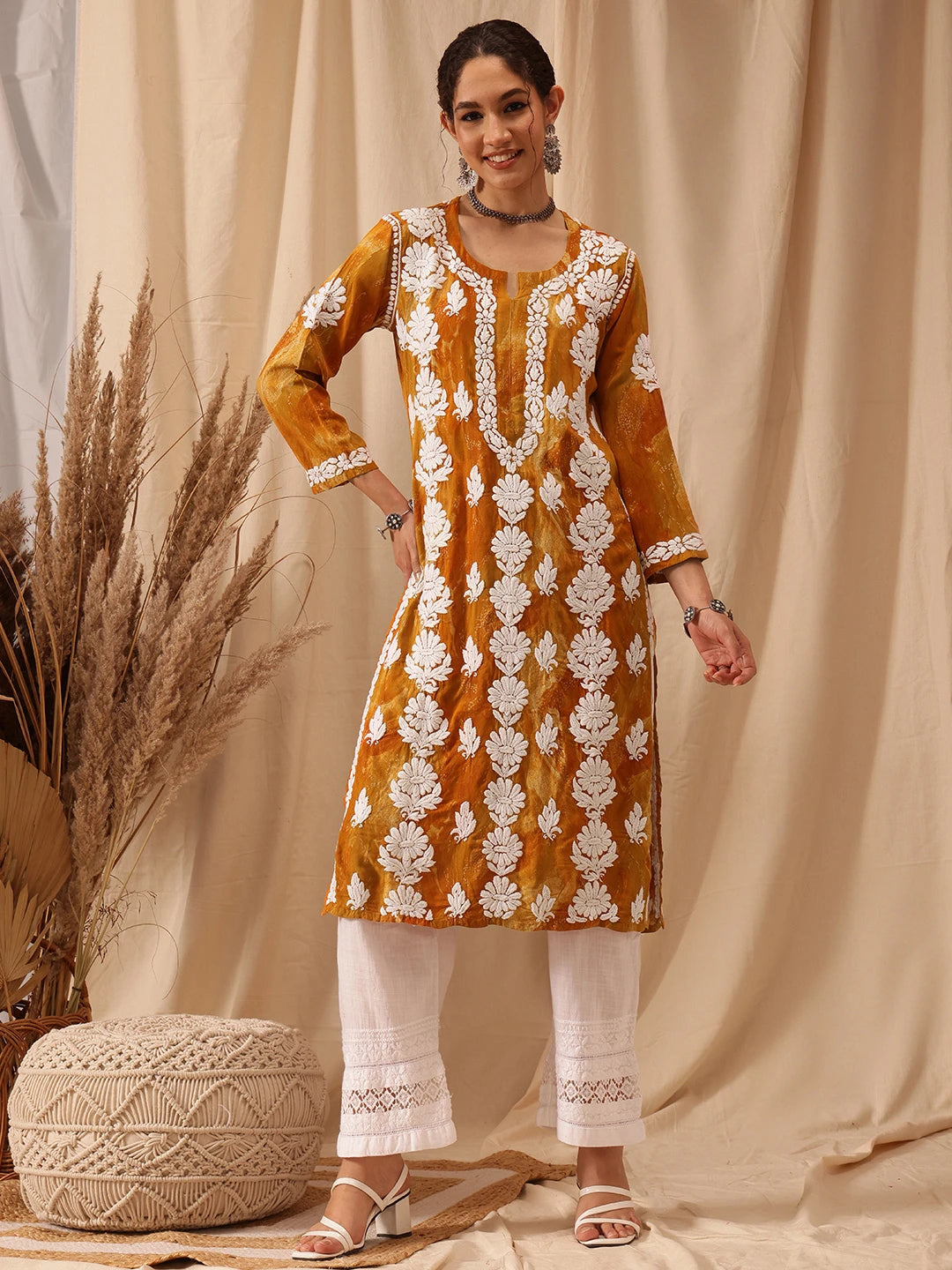 Ada Hand Embroidered Mustard Rayon Lucknowi Chikankari Straight Kurta A411661