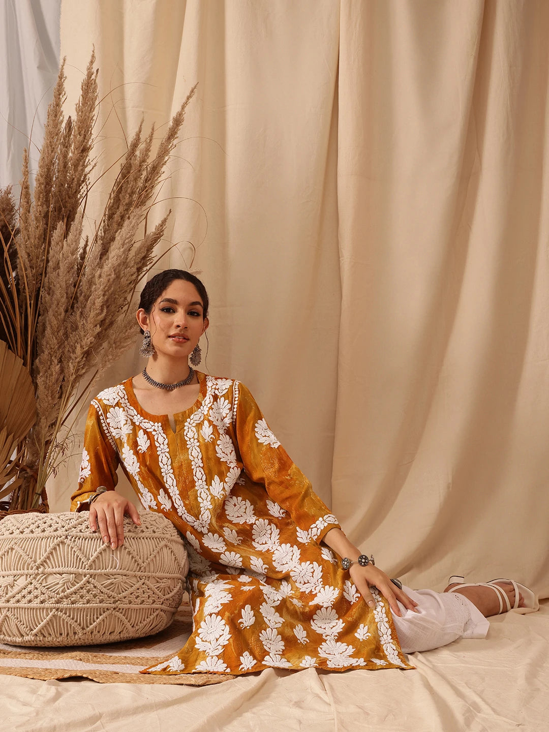 Ada Hand Embroidered Mustard Rayon Lucknowi Chikankari Straight Kurta A411661