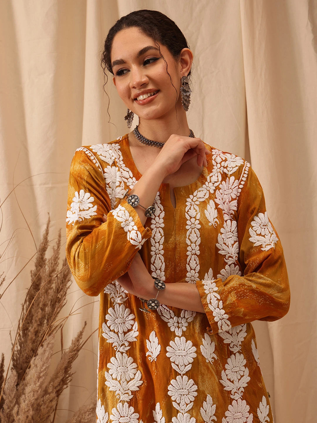 Ada Hand Embroidered Mustard Rayon Lucknowi Chikankari Straight Kurta A411661