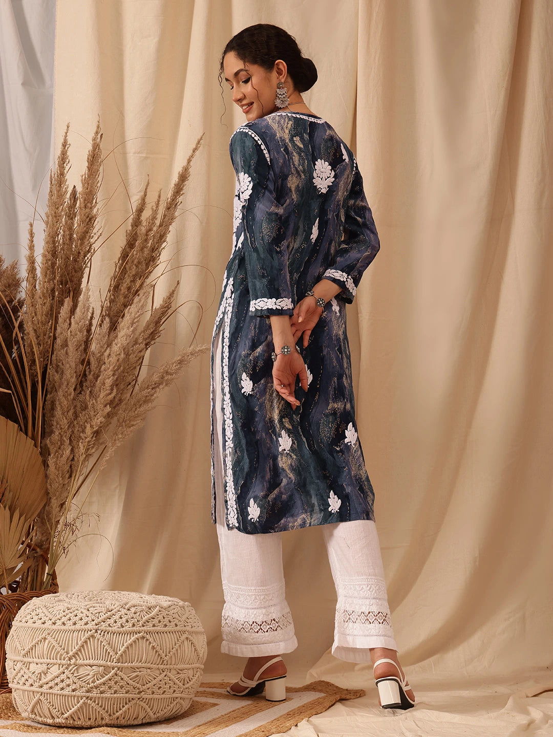 Ada Hand Embroidered Blue Rayon Lucknowi Chikankari Straight Kurta A411662