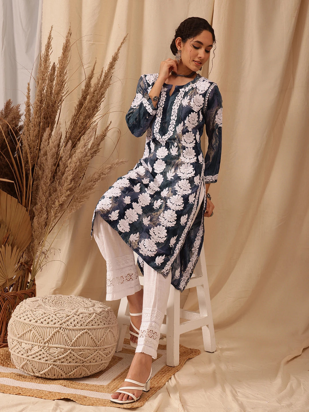 Ada Hand Embroidered Blue Rayon Lucknowi Chikankari Straight Kurta A411662