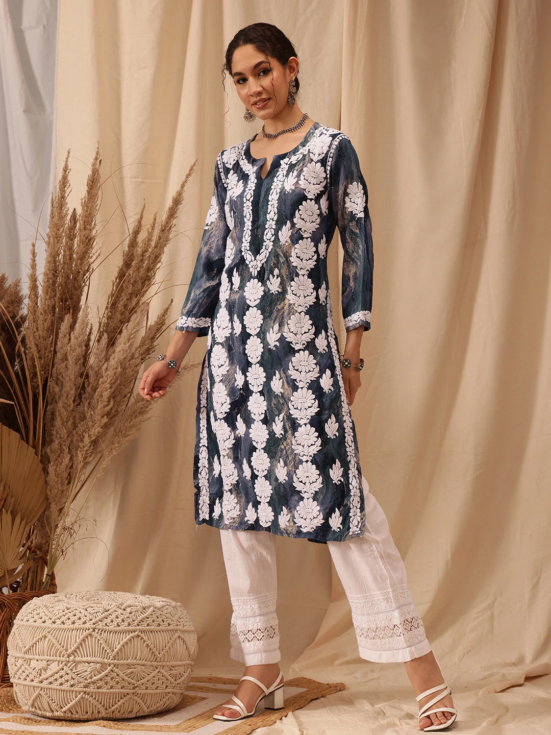 Ada Hand Embroidered Blue Rayon Lucknowi Chikankari Straight Kurta A411662