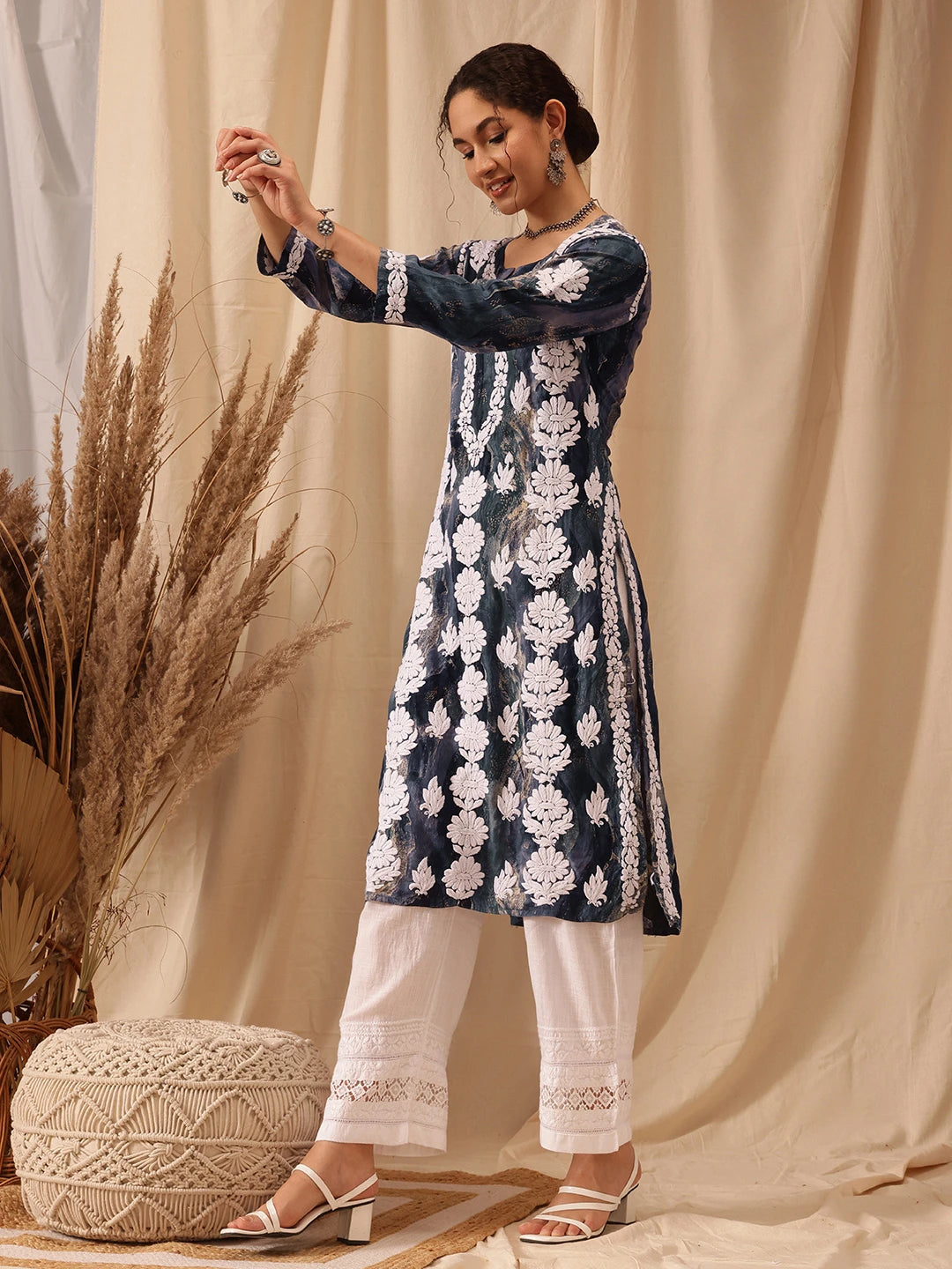 Ada Hand Embroidered Blue Rayon Lucknowi Chikankari Straight Kurta A411662