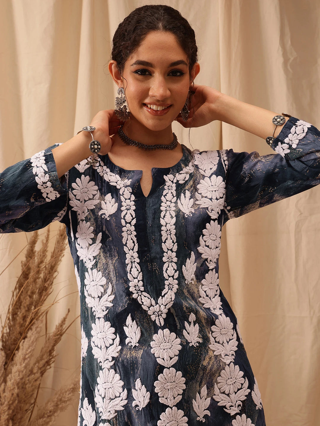Ada Hand Embroidered Blue Rayon Lucknowi Chikankari Straight Kurta A411662