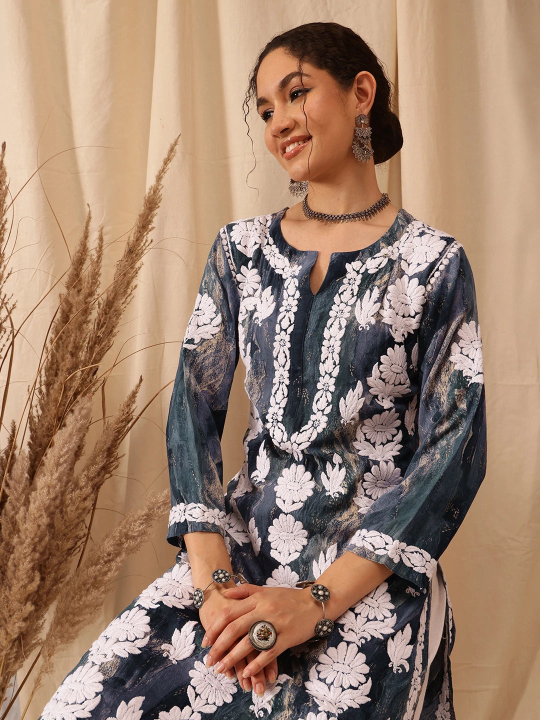Ada Hand Embroidered Blue Rayon Lucknowi Chikankari Straight Kurta A411662