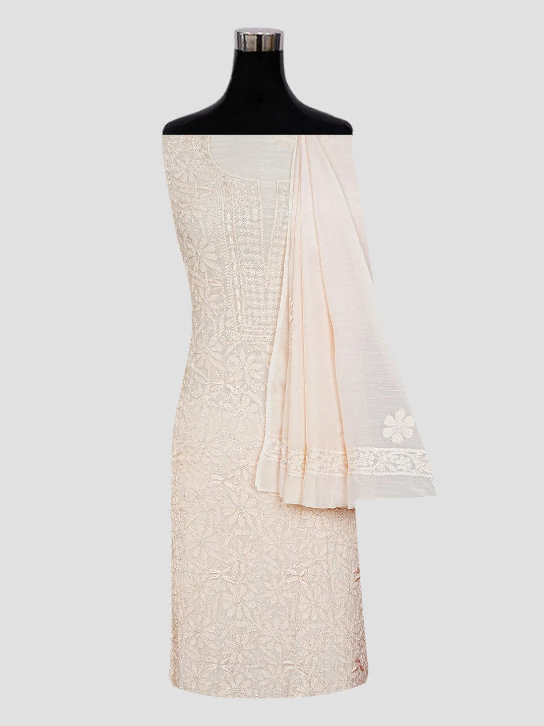Ada Hand Embroidered Light Peach Muslin Lucknowi Chikankari Unstitched Kurta Dupatta Set 01A584982