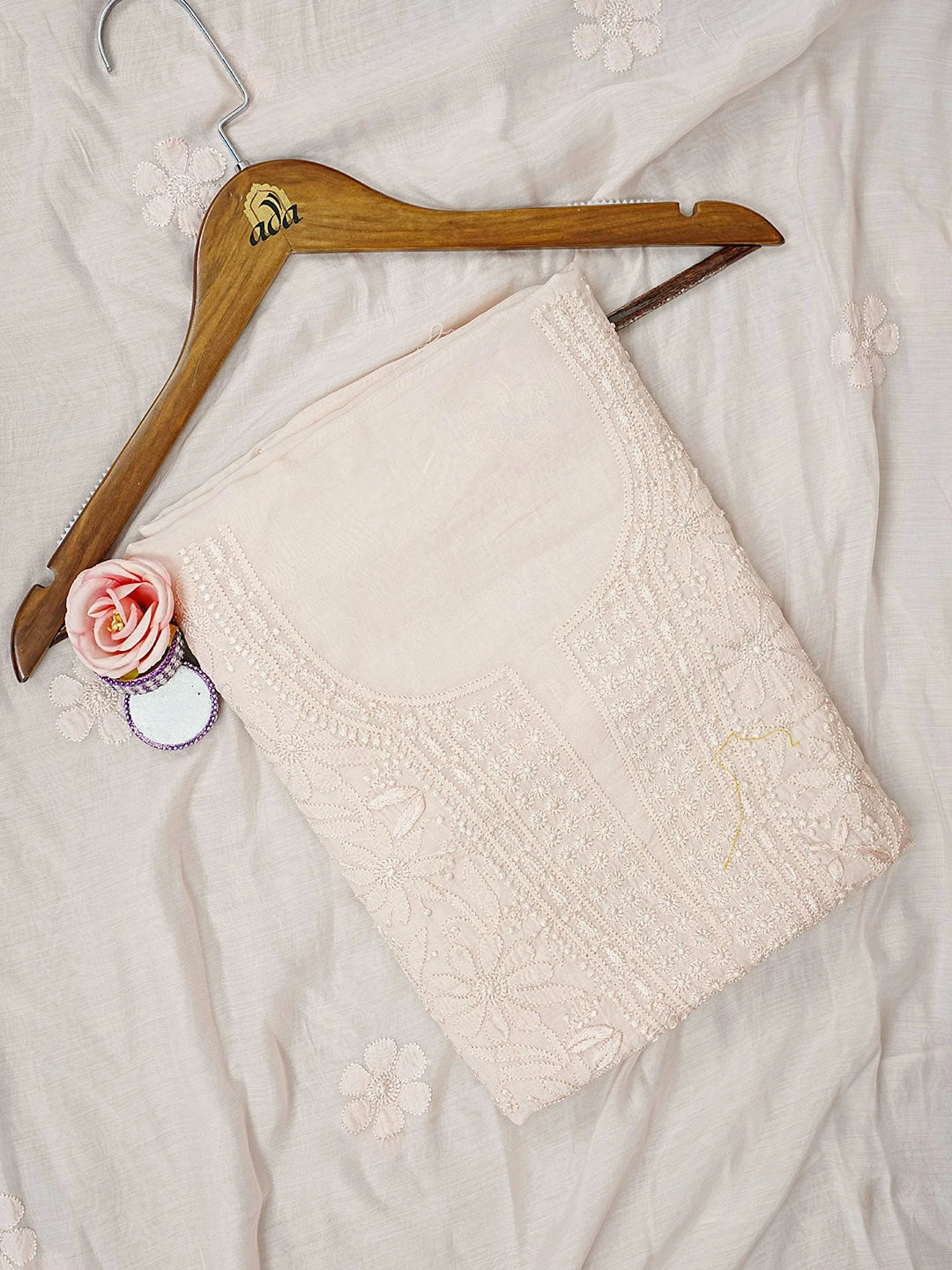 Ada Hand Embroidered Light Peach Muslin Lucknowi Chikankari Unstitched Kurta Dupatta Set 01A584982