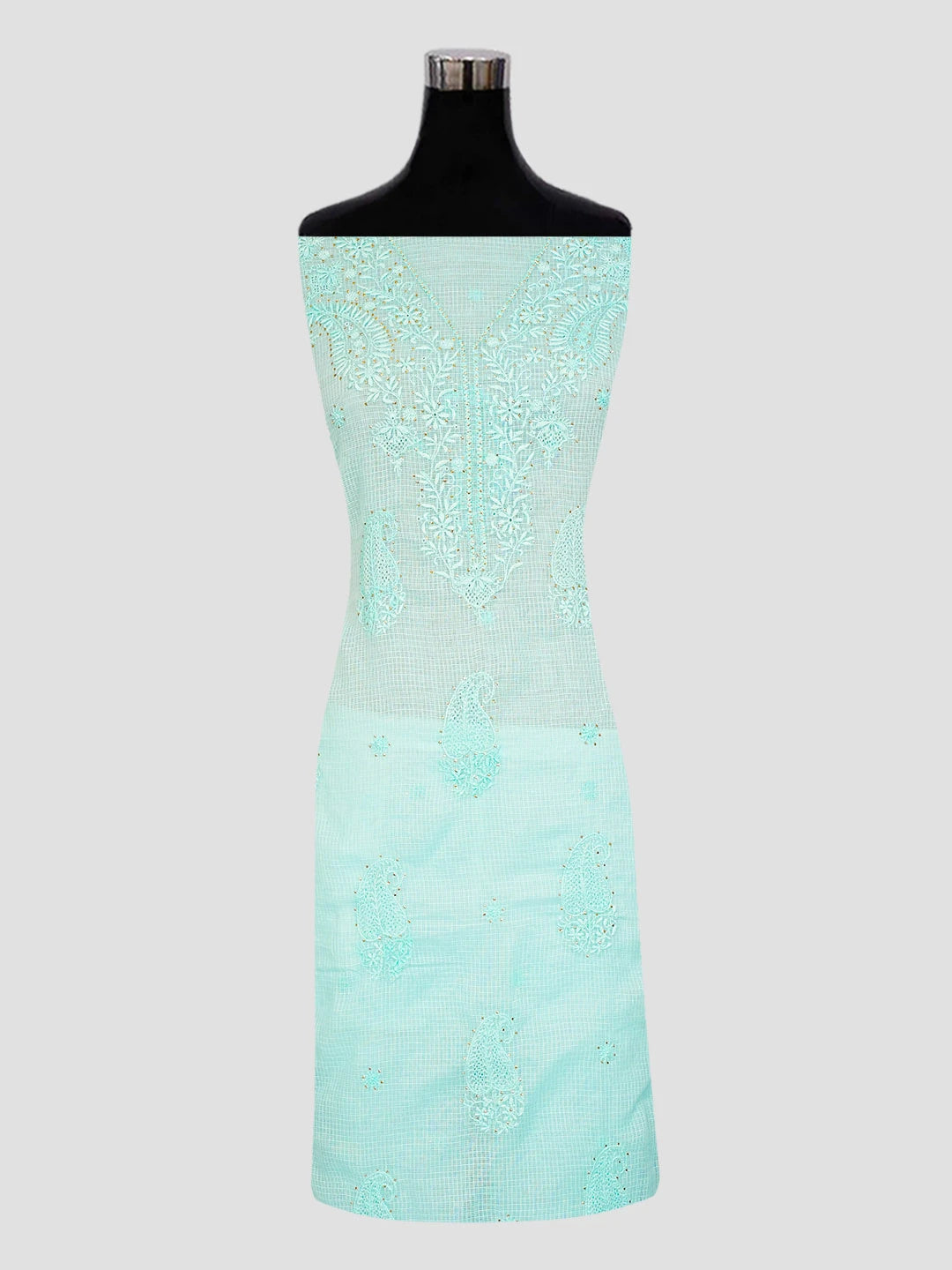 Ada Hand Embroidered Cyan Green Kota Lucknowi Chikankari Unstitched Kurta Dupatta Set With Muqaish Work 01A553282