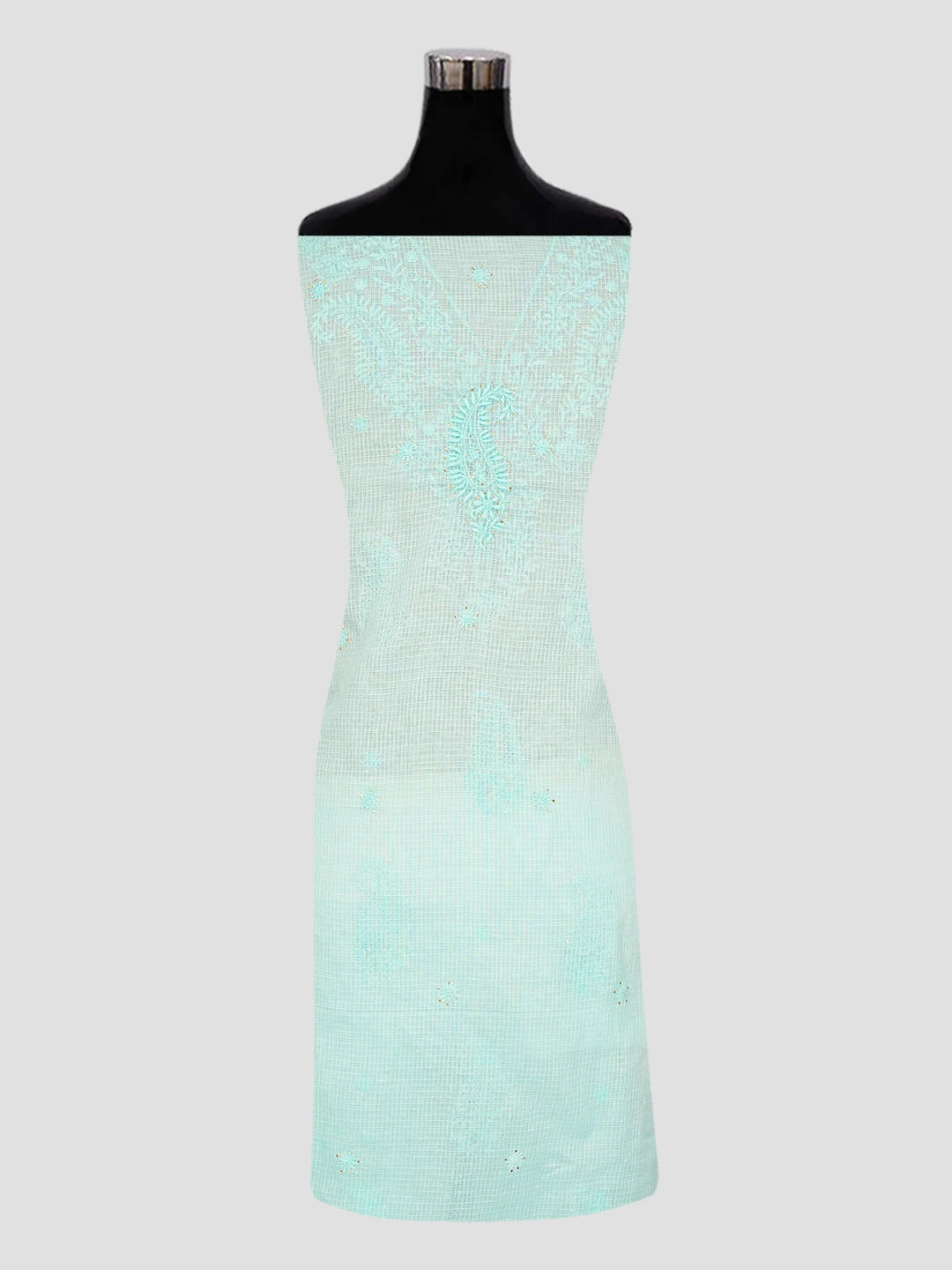 Ada Hand Embroidered Cyan Green Kota Lucknowi Chikankari Unstitched Kurta Dupatta Set With Muqaish Work 01A553282