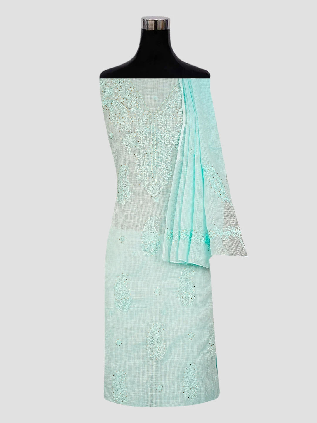 Ada Hand Embroidered Cyan Green Kota Lucknowi Chikankari Unstitched Kurta Dupatta Set With Muqaish Work 01A553282