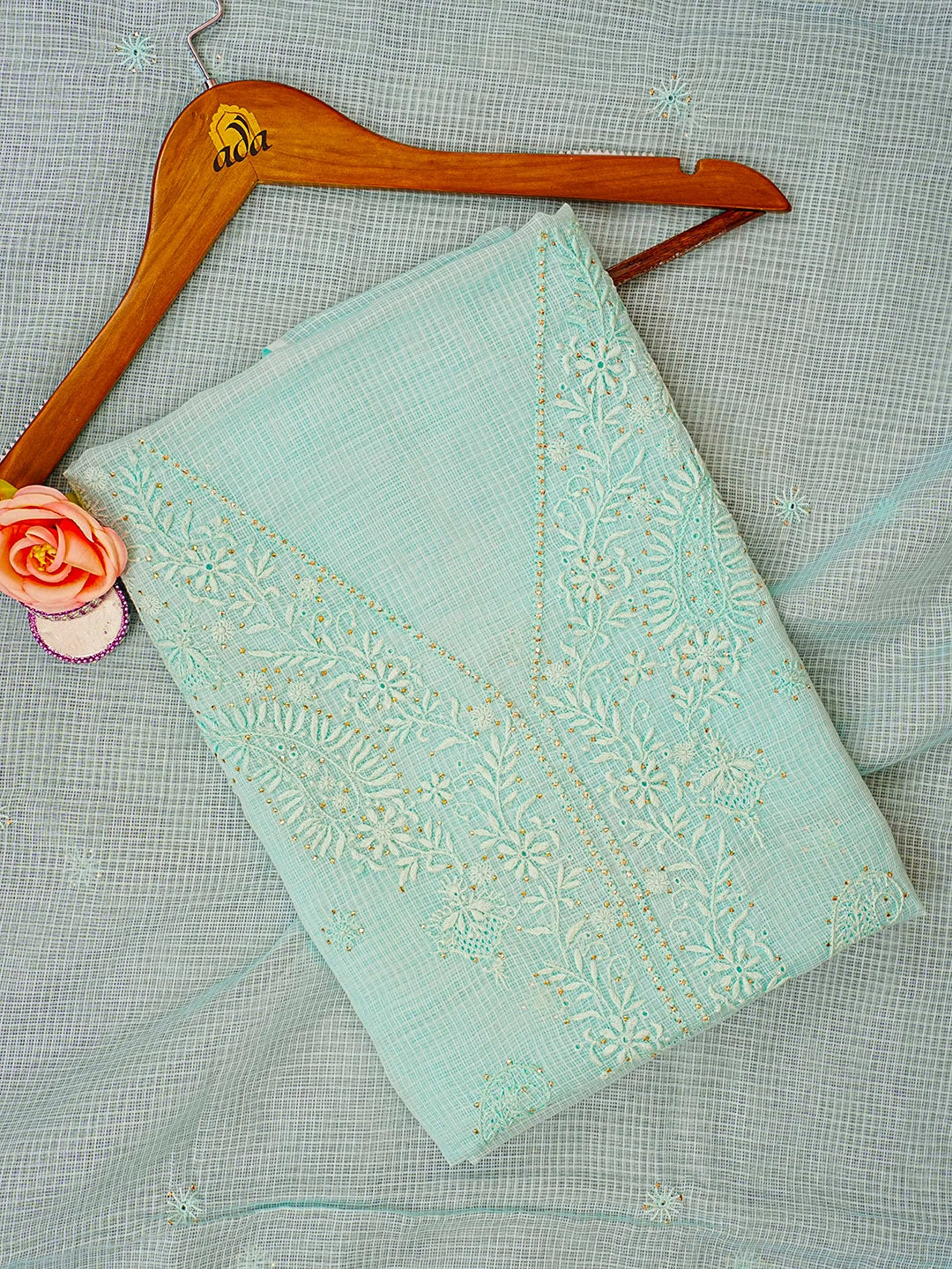 Ada Hand Embroidered Cyan Green Kota Lucknowi Chikankari Unstitched Kurta Dupatta Set With Muqaish Work 01A553282